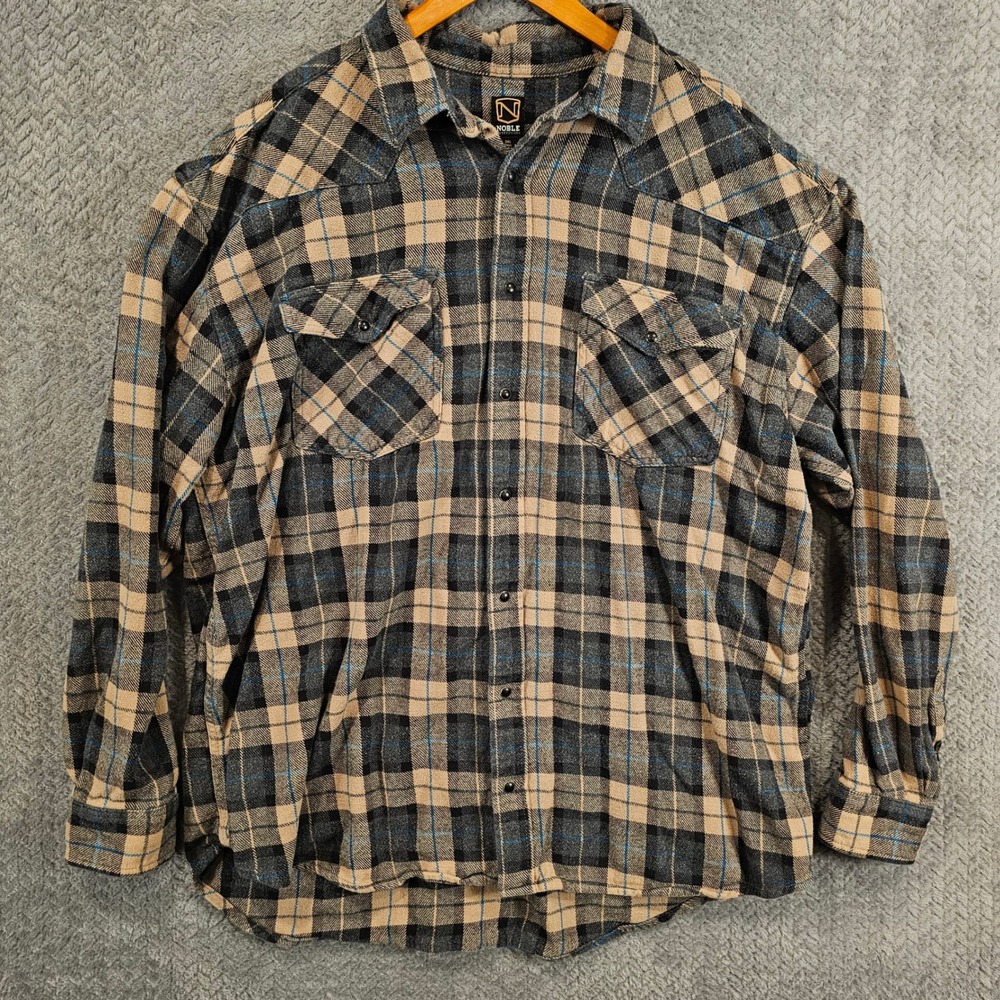 Noble Outfitters Mens 3XL Tall Western Flannel‎ Shirt Plaid Snap Front Tan Black